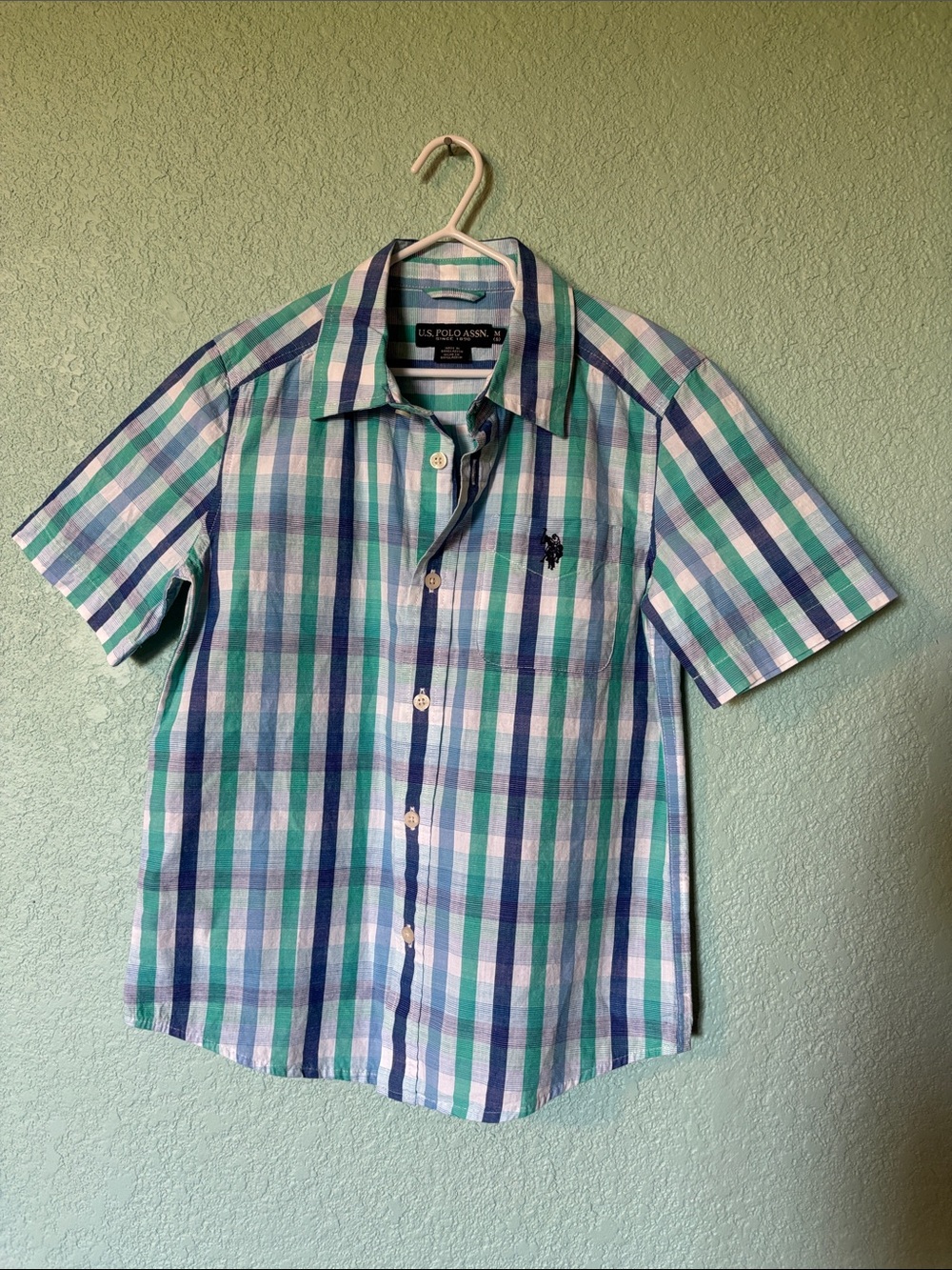 U.S. Polo Assn. Boys Short Sleeve Plaid Button-Up Shirt in Blue and Green Medium